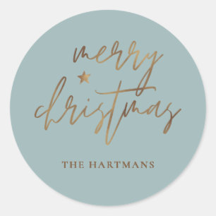 Elegant Script Merry Christmas Gold Star Lite Teal Classic Round Sticker