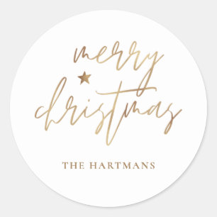 Elegant Script Merry Christmas Gold Star White Classic Round Sticker