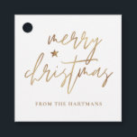Elegant Script Merry Christmas Gold Star White Favor Tags<br><div class="desc">These stylish Christmas gift tags feature elegant typography reading,  "Merry Christmas" in faux gold foil,  along with a little star accent. The background color can be customized to any color you'd like! The back contains faux gold foil stripes. Great for use as holiday gift tags or party favor tags!</div>