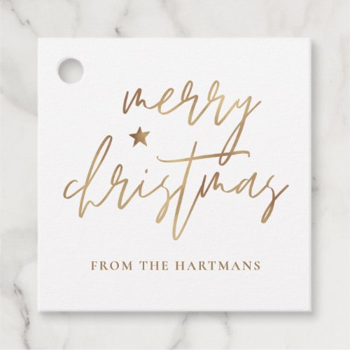 Elegant Script Merry Christmas Gold Star White Favor Tags