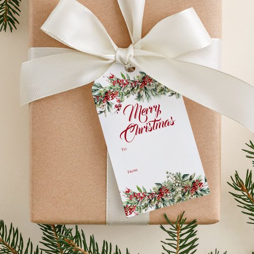 Elegant Script Merry Christmas Holiday Greenery Gift Tags