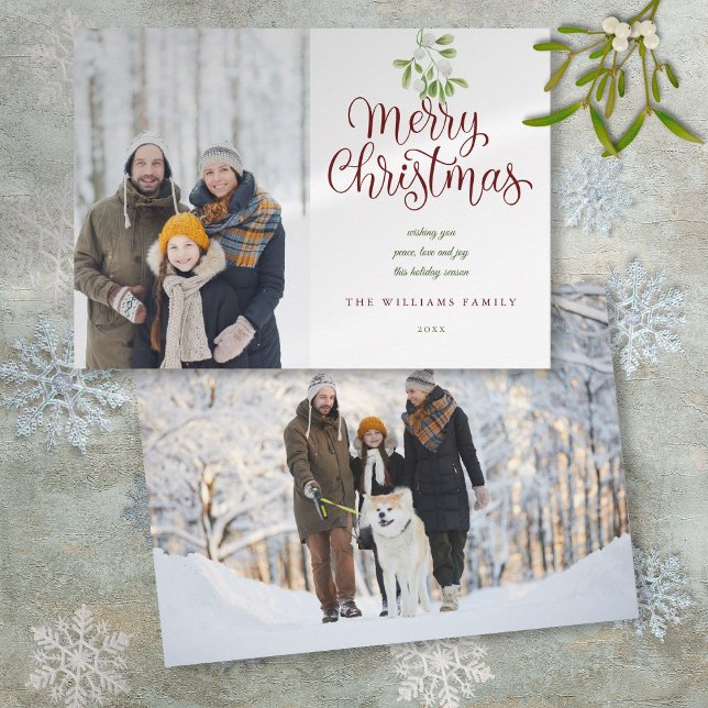Elegant Script Merry Christmas Mistletoe 2 Photo Holiday Card (Elegant Script Merry Christmas Mistletoe 2 Photo Holiday Card)