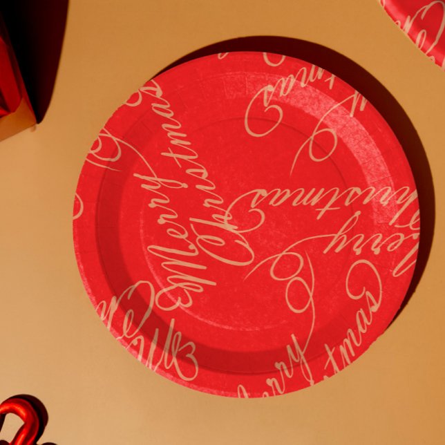 Elegant Script Merry Christmas Pattern/ Red & Gold Paper Plates (Creator Uploaded)