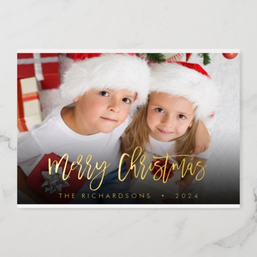 Elegant Script Merry Christmas Photo Family Gold Foil Holiday Card