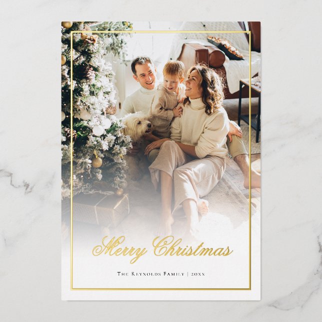 Elegant Script Merry Christmas Photo Gold Foil Holiday Card (Front)