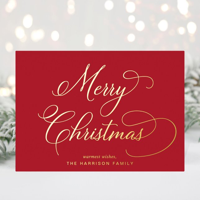 Elegant Script Merry Christmas Red Photo Foil Holiday Card (Creator Uploaded)