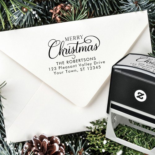 Elegant Script Merry Christmas Return Address Self_inking Stamp
