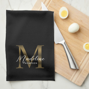 Elegant Script Metallic Black Gold Monogram Kitchen Towel