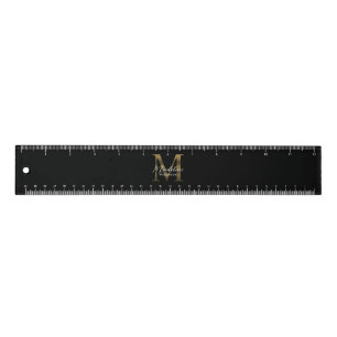 Elegant Script Metallic Black Gold Monogram Ruler