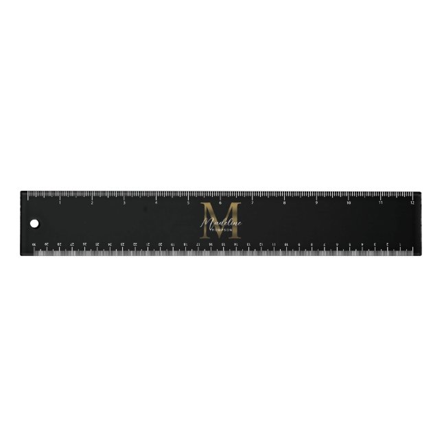 Elegant Script Metallic Black Gold Monogram Ruler (Front)
