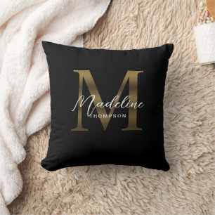 Elegant Script Metallic Black Gold Monogram Throw Pillow