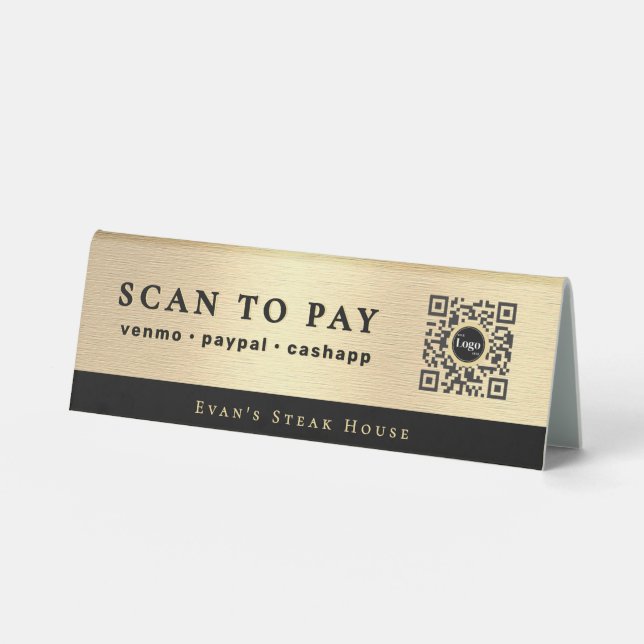 Elegant Script Metallic Gold Scan To Pay Qr Code Table Tent (Front)