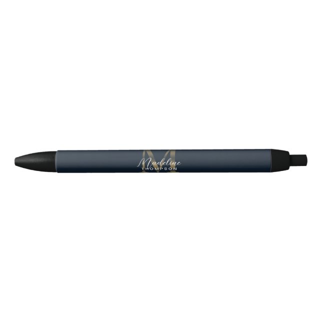 Elegant Script Metallic Navy Blue Gold Monogram Pen (Front)