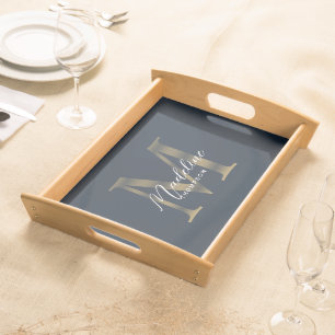 Elegant Script Metallic Navy Blue Gold Monogram Serving Tray