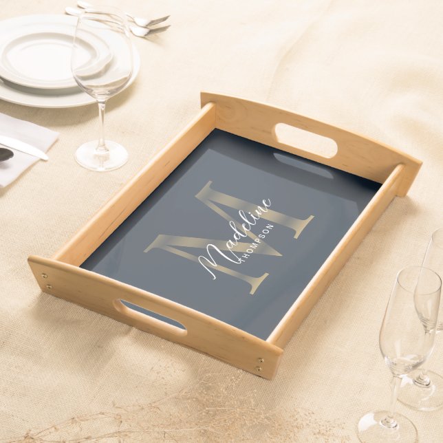 Elegant Script Metallic Navy Blue Gold Monogram Serving Tray (Front)