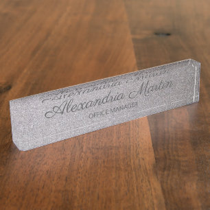 Elegant Script Metallic Silver Name Job Title Desk Name Plate