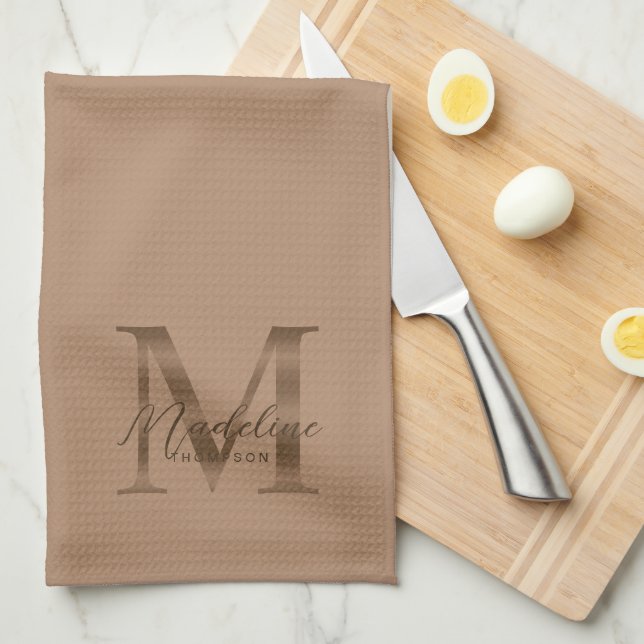 Elegant Script Metallic Taupe Gold Monogram Kitchen Towel (Quarter Fold)