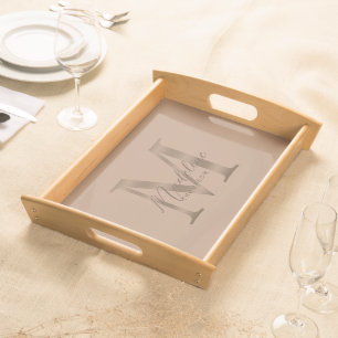 Elegant Script Metallic Taupe Gold Monogram Serving Tray