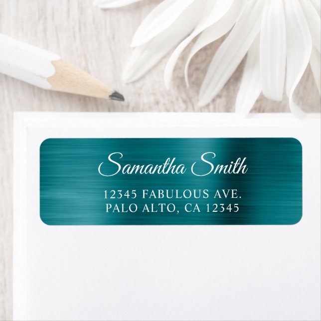 Elegant Script Metallic Teal Blue Label (Insitu)