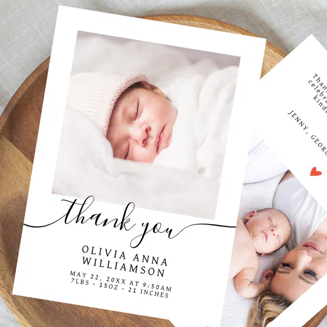 Elegant Script Minimal 2 Photo Baby Shower Thank You Card | Zazzle