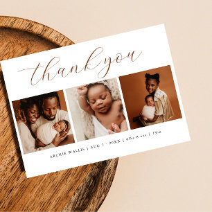 Elegant Script Minimal 3 Photo Thank You New Baby Announcement