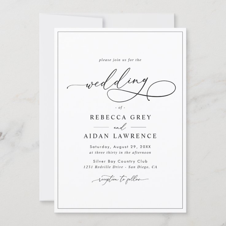 Elegant Script Minimal Black and White Wedding Invitation | Zazzle