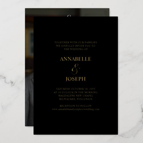 Elegant Script Minimal Formal Black Photo Wedding Foil Invitation