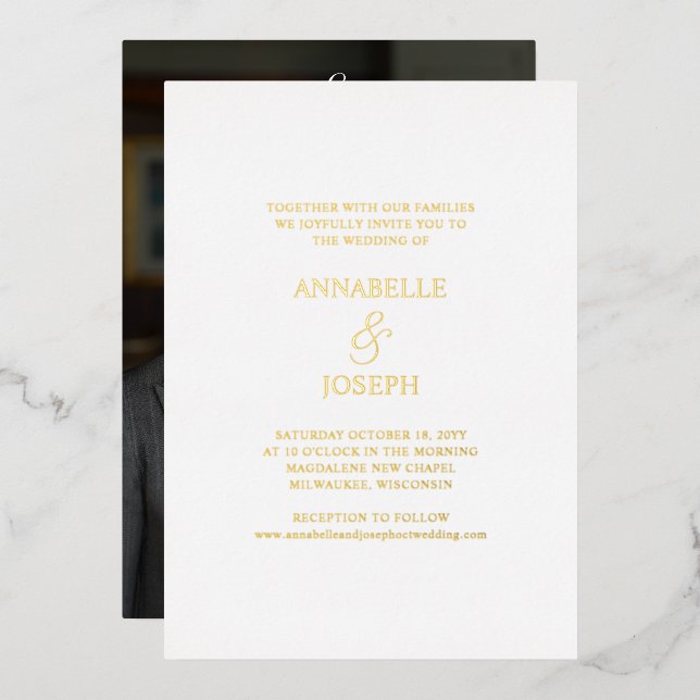 Elegant Script Minimal Formal White Photo Wedding Foil Invitation (Front/Back)