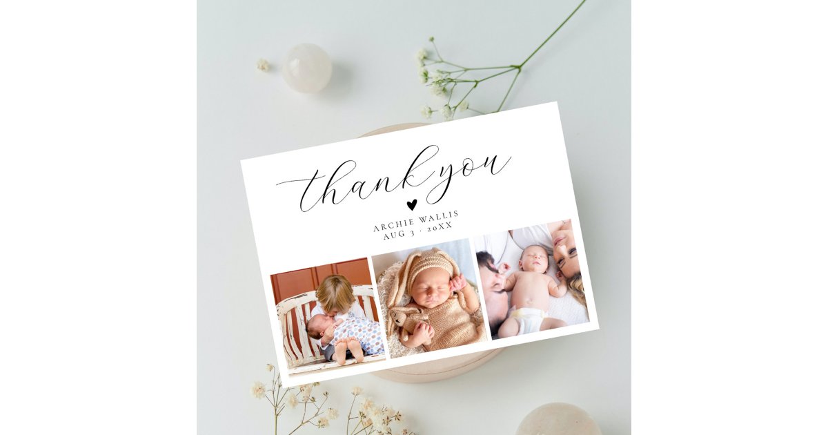 Elegant Script Minimal Photo Collage Baby Shower Thank You Card | Zazzle