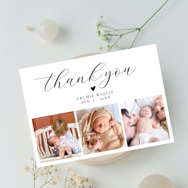Elegant Script Minimal Photo Collage Baby Shower Thank You Card (Creator Uploaded)