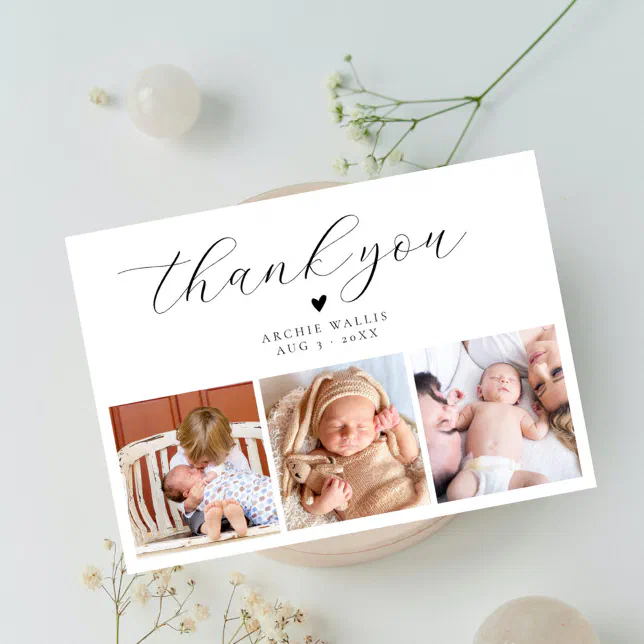 Elegant Script Minimal Photo Collage Baby Shower Thank You Card | Zazzle