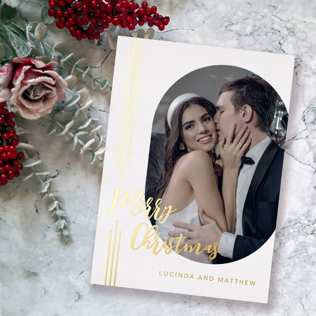 Elegant Script Minimal Photo Merry Christmas Foil Holiday Card (Elegant holiday card with real gold foil!)