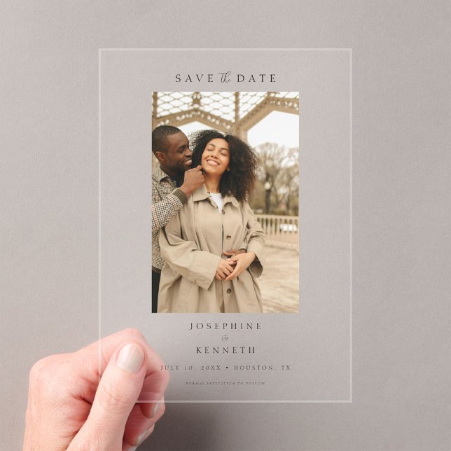 Elegant Script Minimal Photo Wedding Save the Date Acrylic Invitations (Creator Uploaded)