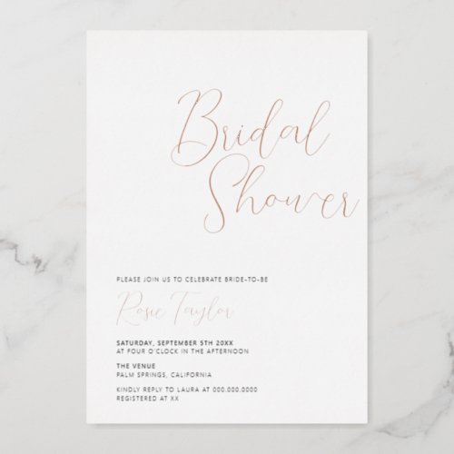 Elegant Script Minimal Rose Gold Bridal Shower Foil Invitation