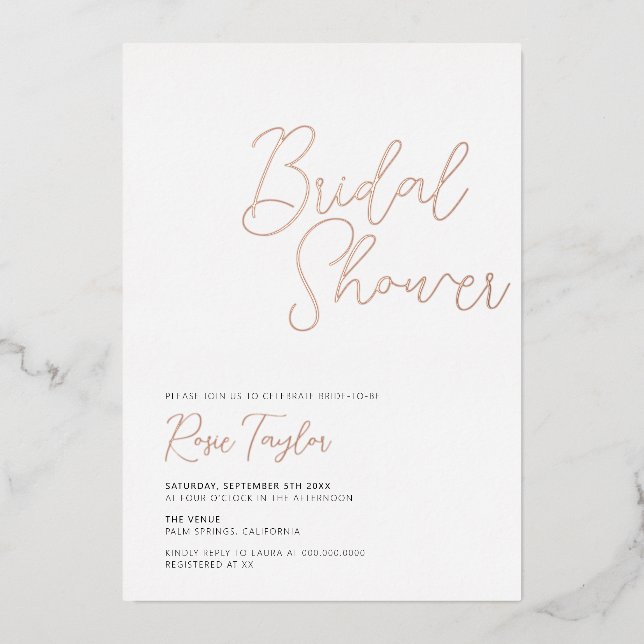 Elegant Script Minimal Rose Gold Bridal Shower Foil Invitation (Front)