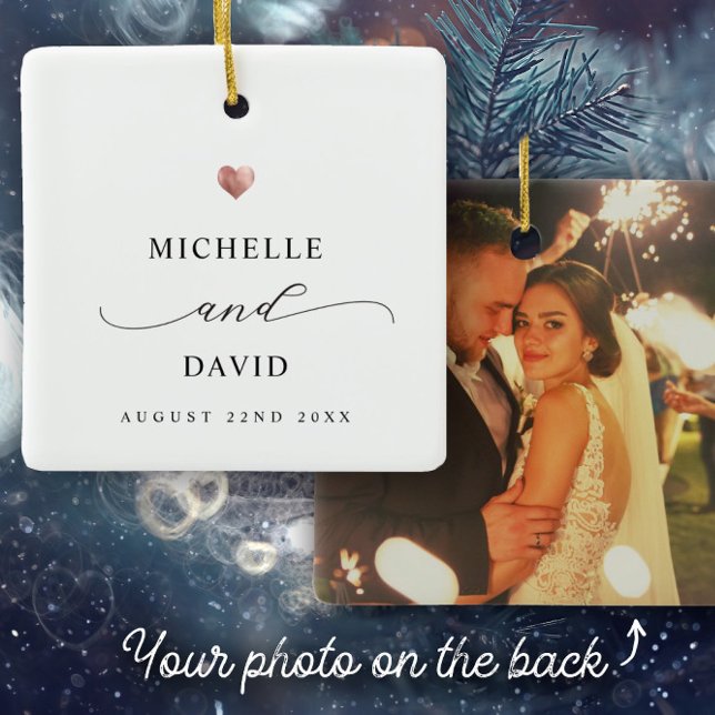 Elegant Script Minimal Rose Gold Heart Wedding Ceramic Ornament (Creator Uploaded)