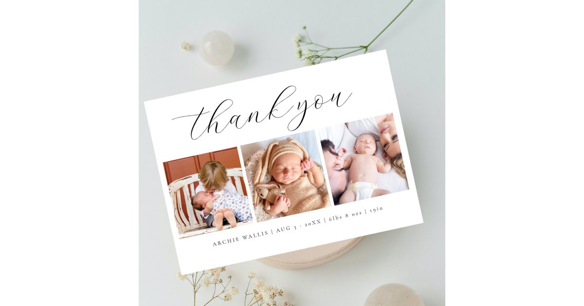 Elegant Script Minimalist 3 Photo New Baby Thank You Card | Zazzle