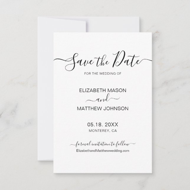 Elegant Script Minimalist Black and White Wedding  Save The Date (Front)