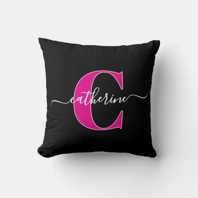 Elegant Script Minimalist Black Pink Monogram Name Throw Pillow (Front)