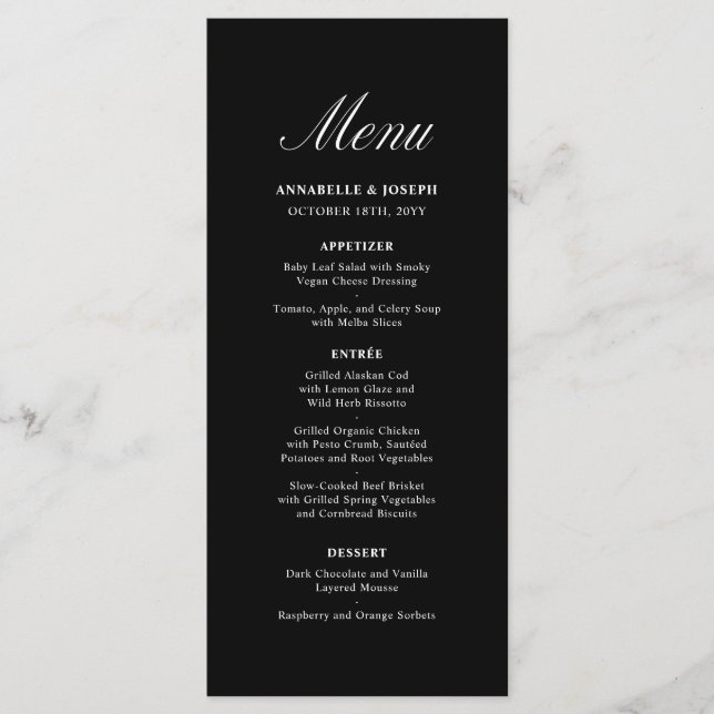 Elegant Script Minimalist Formal Black Wedding Menu (Front)