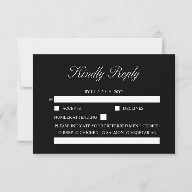 Elegant Script Minimalist Formal Black Wedding RSVP Card (Front)