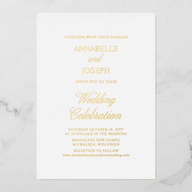 Elegant Script Minimalist Formal White Wedding Foil Invitation (Front)