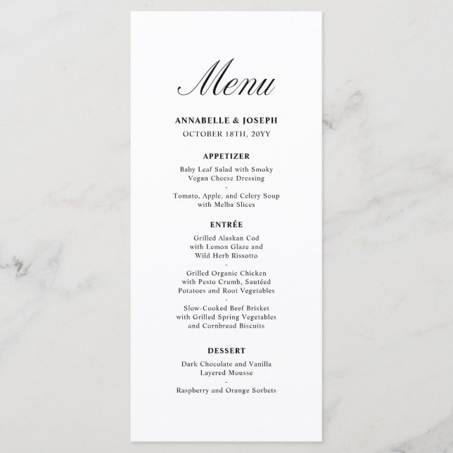 Elegant Script Minimalist Formal White Wedding Menu (Front)