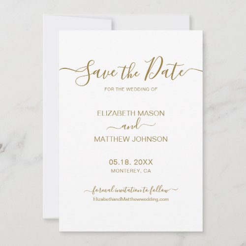 Elegant Script Minimalist Gold and White Wedding Save The Date