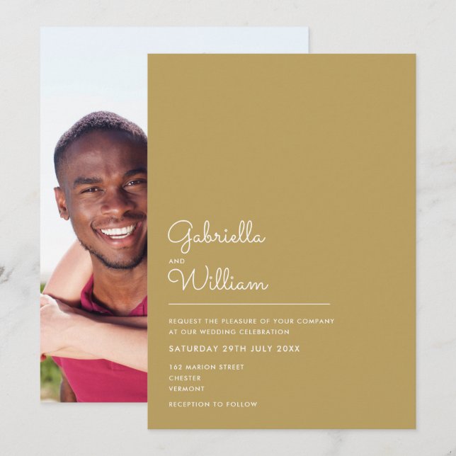 Elegant Script Minimalist Gold Photo Wedding Invitation (Front/Back)