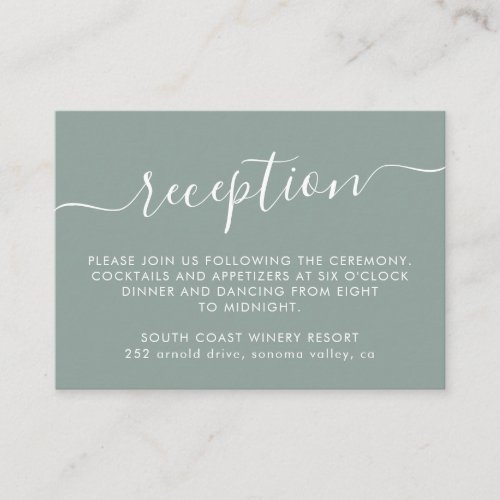 Elegant Script Minimalist Green Wedding Reception Enclosure Card