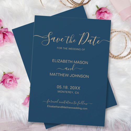 Elegant Script Minimalist Navy and Gold Wedding Save The Date