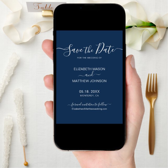 Elegant Script Minimalist Navy and White Wedding  Save The Date (Front Digital)