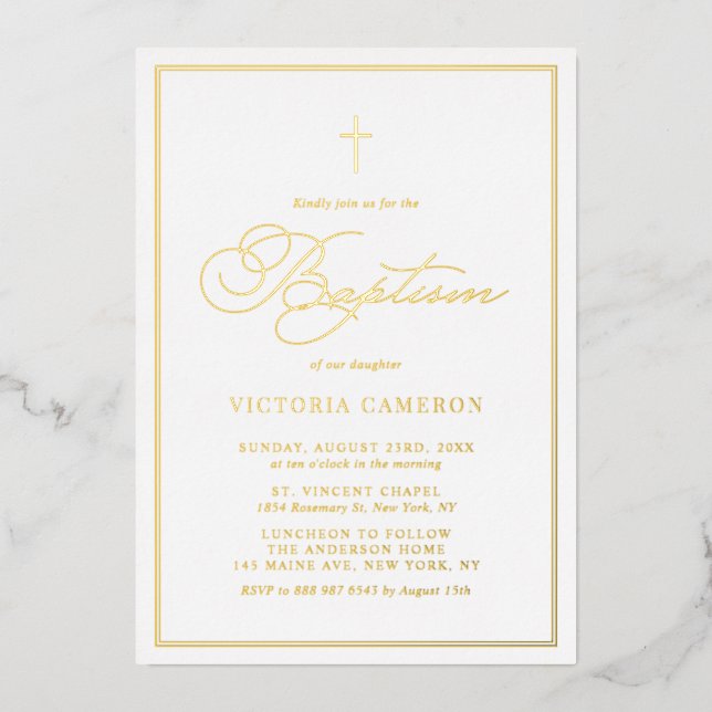 Elegant Script Minimalist Photo Baptism Foil Invitation (Front)