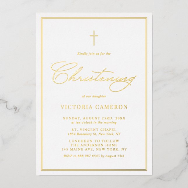 Elegant Script Minimalist Photo Christening Foil Invitation (Front)